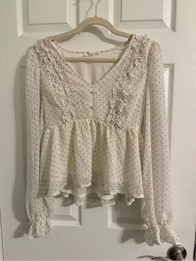 mine Cream Blouse with Black Dot Print and Ruffled V-Neck